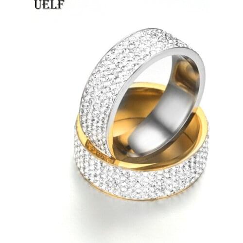 Uelf Stainless Steel 5 Rows Crystal Rings for Women 8mm Wedding bands Fashion Jewelry Girl Lady