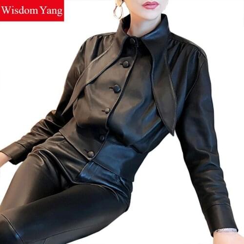 Winter Sheepskin Genuine Leather Tops Women Coat Motorcycle Vintage Jackets Ladies Black Coats Female Korean Overcoat Outerwear