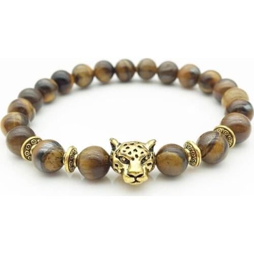 2019 Fashion Men Jewelry Natural Stone Tiger eye Bead Bracelet Personality Leopard Head Alloy Accessories Bangle Men Gift