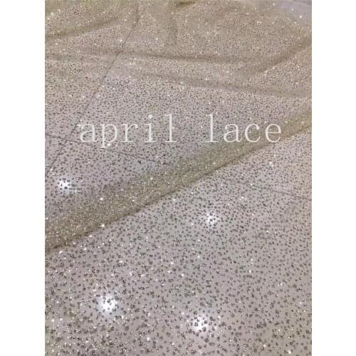 Free ship 5 yards/bag AA1529 # champagne gold color dot african glued glitter hand print tulle net mesh fabric for wedding