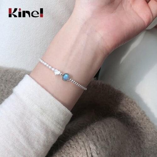 Kinel New Arrival Real 925 Sterling Silver Natural Pearl Moonstone Love Bracelet Adjustable Handmade Original Bracelets Jewelry