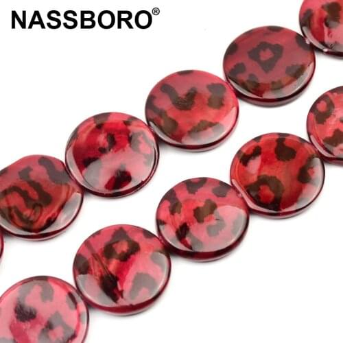 20mm Round Red Printed Flowers Shell Beads Natural Loose Spacer Stone Beads For Jewelry Making Bracelet Necklace DIY