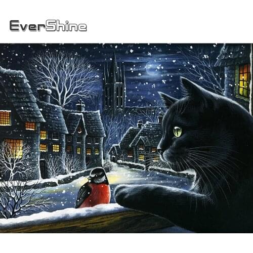 Evershine Diamond Painting Cat Full Square Rhinestone Diamond Mosaic Cartoon Cross Stitch Diamond Embroidery Landscape Winter