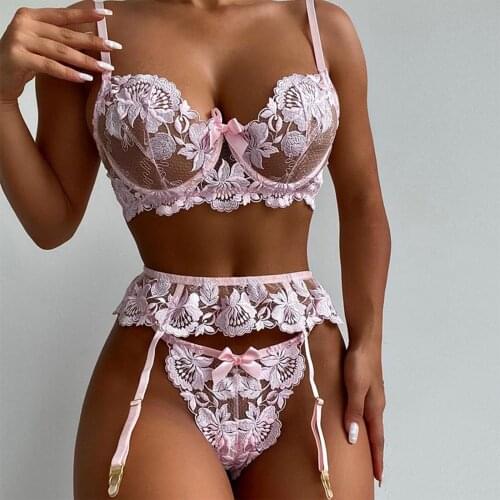 3pcs Sexy Underwear Set Fashion Embroidered Womens Underwear Lace See Through Bra Panty With Garter Set Lenceria Sensual Mujer