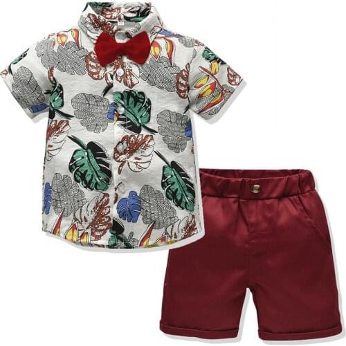 2021 New Arrival Boys' Fashion Suit Short Sleeve Shirt Pants 2-piece Suit Leaf Flower Beach Style