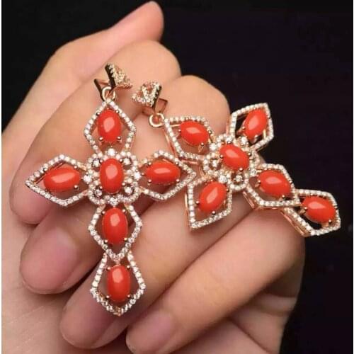 Natural red coral Pendant natural gemstone pendant 925 sterling silver Elegant personality cross Women precious fine jewelery