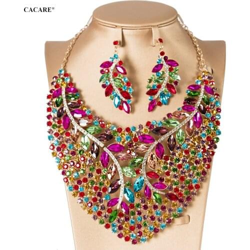 Vintage Jewelry Sets Women Big Necklace Earring Set Dubai Gold Indian Jewellery F1030 Rhinestone Party Jewels 4 Colors CACARE