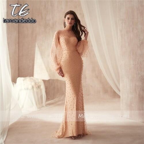 O-neck Champagne Heavy Beading Pearls Long Sleeves Saudi Arabia Prom Dress Sheath Long Evening Dress Party Formal Dresses
