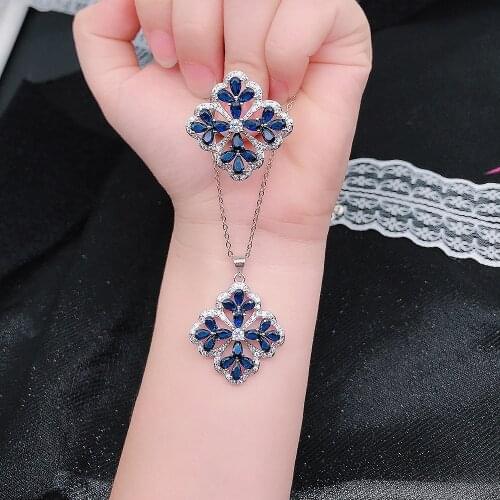 Stunning Blue Zircon 925 Sterling Silver Four Leaf Clover Necklace Ring Jewelry Set for Women Party Cocktail Wedding Gift