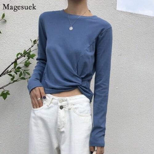 Casual Long Sleeve Tshirts Women 2021 Solid Tee Cotton Woman T-shirts O Neck Short Crop Tops Office Ladies Femme T-shirts 13225