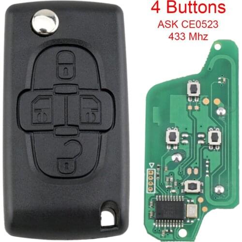 ASK 433Mhz 4 Buttons Flip Folding Remote Key Fob Control with ID46 Chip and VA2 Blade CE0523 Fit for Peugeot 1007 Citroen C8