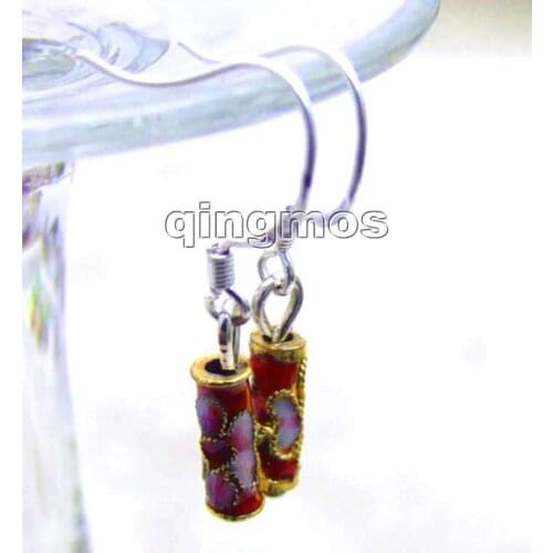 SALE One pair Red column shape Cloisonne 1" Dangle earring silver s925 hook-ear395 Free shipping