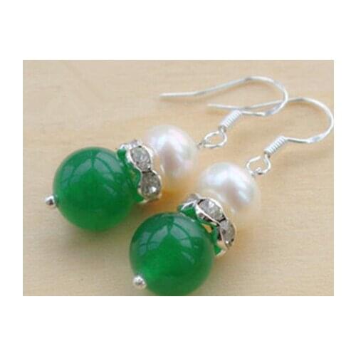 Real 925 Sterling 10mm Round Natural green jade with pearl Earrings