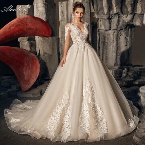 Alonlivn Noivas Charming Appliques Lace V-Neck Full Sleeves Wedding Dresses New Arrival