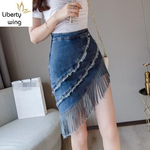 Street Tassel Irregular Denim Women Korean Fashion Streetwear Shorts High Waist Slim Fit Mini Wrap Skirt S-XL