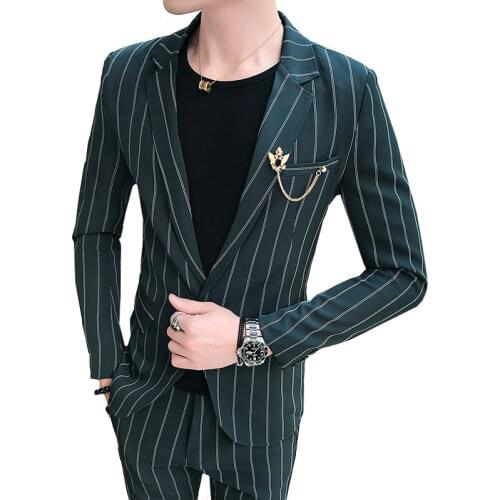 Spring Single Button Small Suit Pants Mens Stripe Slim Fit Blazers Jacket Trousers Striped Male Casual Handsome Two Piece Set