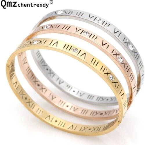 High qualtiy Womens 316L Stainless Steel Bling Iced Out Roman Numerals Bangle Bracelets Cuff Bangles Jewelry For Girl