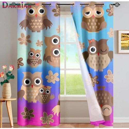 DARMIAN Gradient Style Funny Animal Owl Pattern Window Curtain Bedroom Decor Modern Thermal Insulated Blackout Curtains Drape