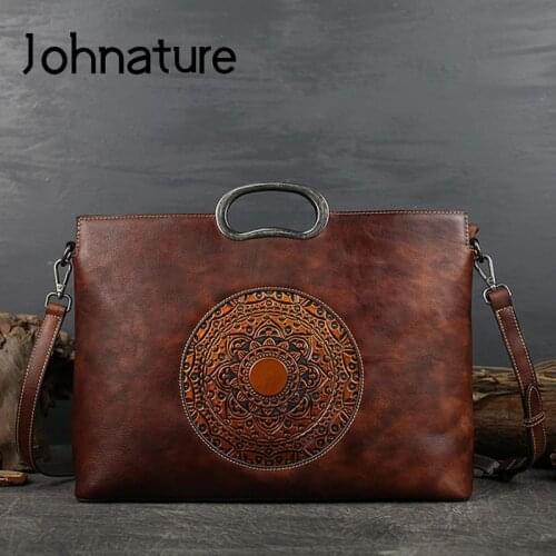 Johnature Retro Totem Women Handbag 2021 New Genuine Leather Tote Bag Leisure Large Capacity Nature Soft Cowhide Shoulder Bags