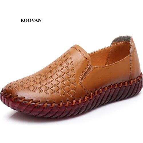 Koovan Womens Leather Shoes 2018 Spring And Autumn Womens Shoes Aged Cowhide Soft Bottom Non-slip Flat Bottom for Mama