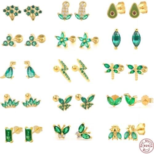 CANNER Green Zircon Earring 925 Sterling Silver Stud Earrings For Woman Girls plata de ley 925 Pendientes Bling Crystal Jewerly