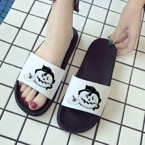Women Shoes 2021 Fashion Indoor Home Slippers pumpkin cat Print Summer Thick Bathroom beach Slides Non-slip Sandals shoes Ladies