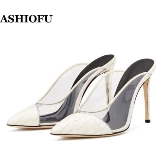 ASHIOFU Handmade New 2020 Ladies High Heel Slippers PVC&Faux Leather Sexy Shoes Evening Club Fashion Daily Wear Fashion Slipper