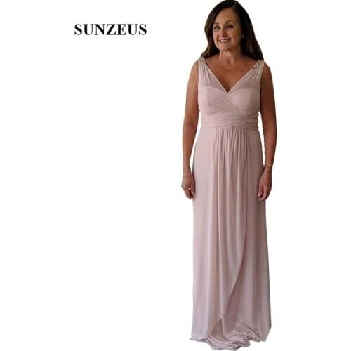 2019 Summer Chiffon Mother Of The Bride Dress Pearls Pink V-neck Long Wedding Guest Gowns Elegant Women Party Dress Formal