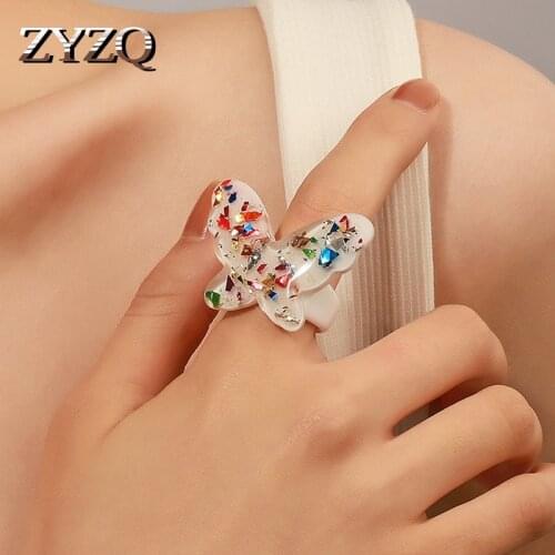 ZYZQ Trendy Colorful Sequins Butterfly Flower Geometry Resin Pattern Acrylic Rings for Women Cocktail Party Ring Jewelry Gift