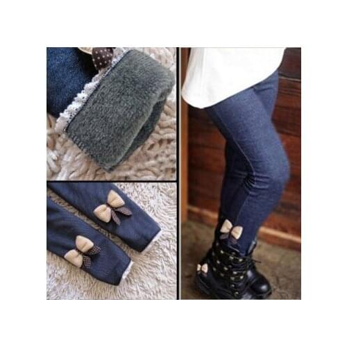 2017 new kids girls jean bow pants cotton cashmere pants elastic waist girls legging warm pants winter spring children pants
