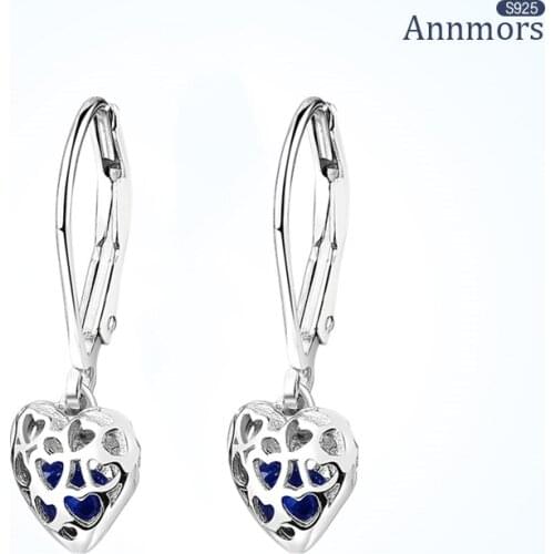 2021 Fashion Jewelry Hollow Heart Shape Stud Earring Blue Zircon 925 Sterling Silver Dangler Korean Ear Piercing Fashion Jewelry