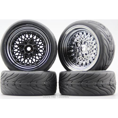 4pcs RC 1/10 Soft Rubber On Road Car Tire Tyre Wheel Rim Classic1CH 6mm Offset(Chrome Gray) 10362+Rubber Tire