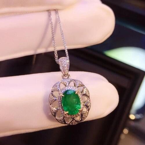 100% 1.05ct Natural Emerald Pendant Necklace Oval Cut Green Gemstone 14k White Gold For Women Fine Jewelry