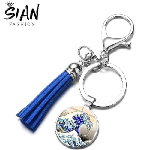 SIAN Kanagawa Surfing Artist Katsushika Hokusai Painting Tassel Keychain Handmade Glass Cabochon Keyring Bag Charm Retro Jewelry