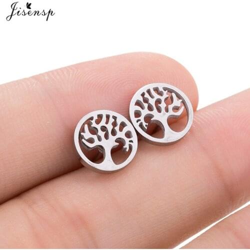 Jisensp Ethnic Stainless Steel Earrings for Women Hollow Out Life of Tree Pattern Round Earrings Fashion Jewelry Gift bijoux
