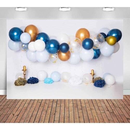 Baby Kids Boy 1st Birthday Photography Backdrop Cake Smash Portrait Background Blue Gold White Balloon Booth Studio Photoshoot