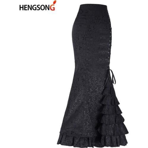 Gothic Vintage Long Mermaid Skirt Asymmetric Floral Print Vintage Patchwork Lace Up Bandage Ruffle High Waist Goth Mermaid Skirt