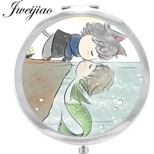 JWEIJIAO Cartoon Cat And Fish metal game Magnifier Travel Purse Mirror Animal Live in harmony For Lovers Best Gift espejo CH77