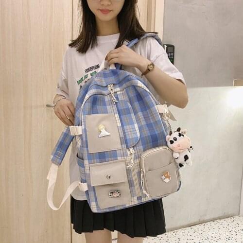 Fashion Women Backpack Kawaii Plaid School Bag For Girls Waterproof Large Capacity Backpack With Many Pockets Travel Bag Mochila