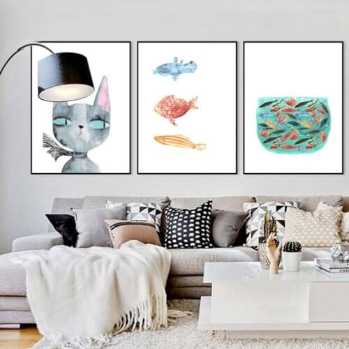 Cartoon Cat Fish Poster Abstract Childrens Room Living Room Modern Home Decoration Simple Sofa Background Frameless Painting