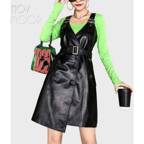 Novmoop sheepskin genuine leather women wide strap dress spring autumn wear sexy bohemian chic style Jupe gilet en cuir LT3463