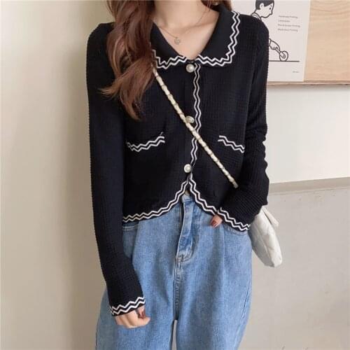 Fall 2020 Women Cardigan Korean Style Vintage Wave Striped Patchwok Turn Down Collar Long Sleeve Knitted Sweater Knitwear T528