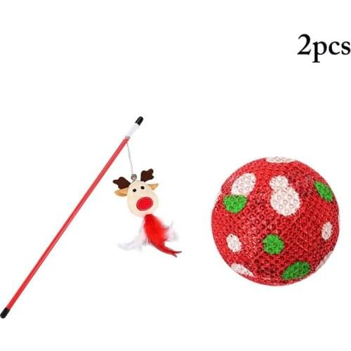 2pcs Cat Toy Pet Christmas Cat Teaser Wand Reindeer Cat Interactive Wand with Catnip Ball Toy Colorful Feather Toys for Cats