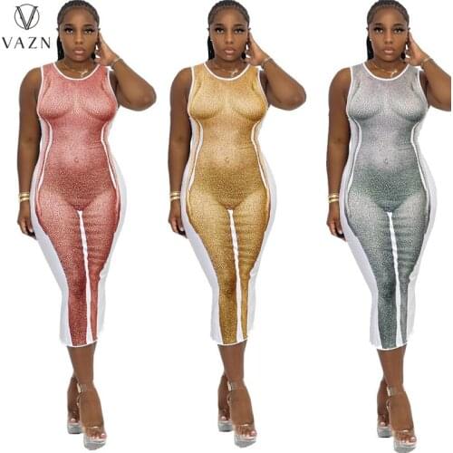 VAZN 2021 Autumn Solid Patchwork Sweet Young Sexy Tank Sleeve Long Dress Free High Waist Thin Maxi Women Dress