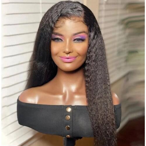 Kinky Straight Black Synthetic Hair Lace Front Wig High Temperature Fiber For Black Women Natural Hairline Yaki Medium Long
