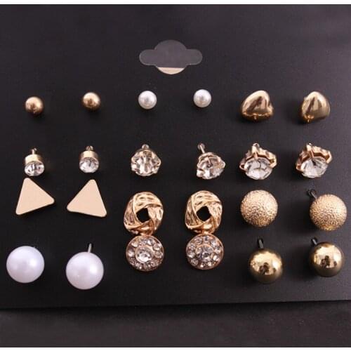 RONGBIN 12 Pcs/Set Crystal Alloy Round Ball Gold Color Stud Earrings Vintage Silver Color Simulated Pearl Earring Set For Women