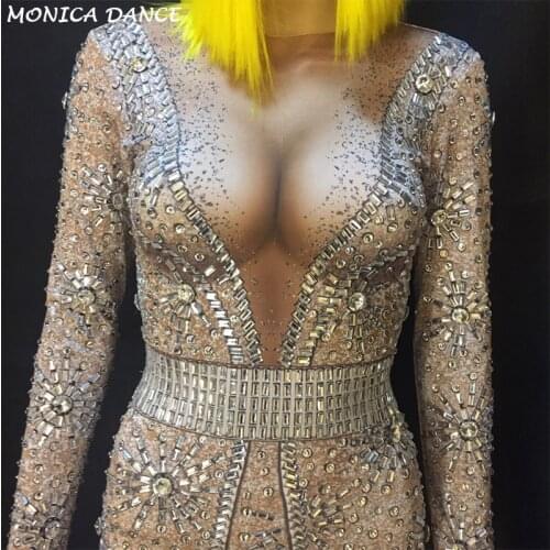 Sexy Stage Bright Silver Crystals Jumpsuits Sexy Rhinestones Bodysuit Stage Dance Wear Womens Evening Celebrate Shining Costume