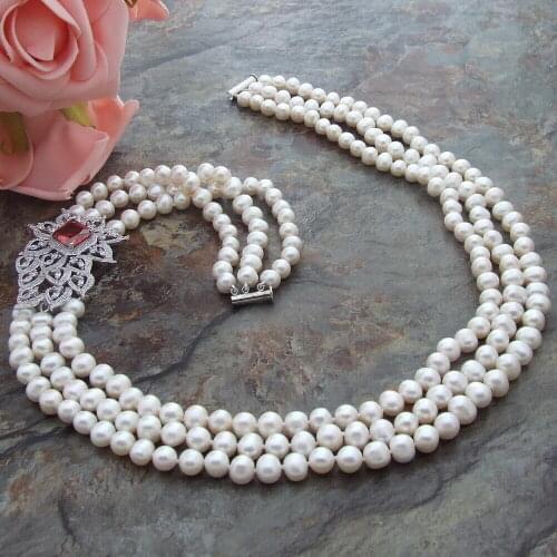 25''-27" 3Strands White freshwater Pearl Necklace zircon Connector