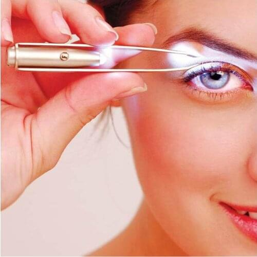 Led Light Make Up Hair Removal Eyelash Eyebrow Tweezers Pinzas Para Cejas Maquiagem (With Battery) #7245