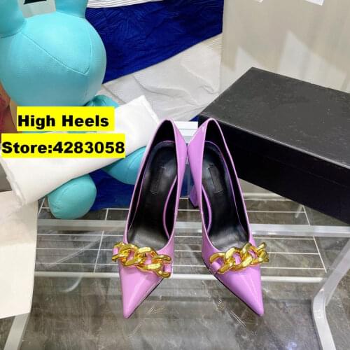 Casual Designer Fashion Women Pumps Black Genuine Leather Gold Chains Pointy Toe Stiletto Stripper Maryjanes High Heels Shoes